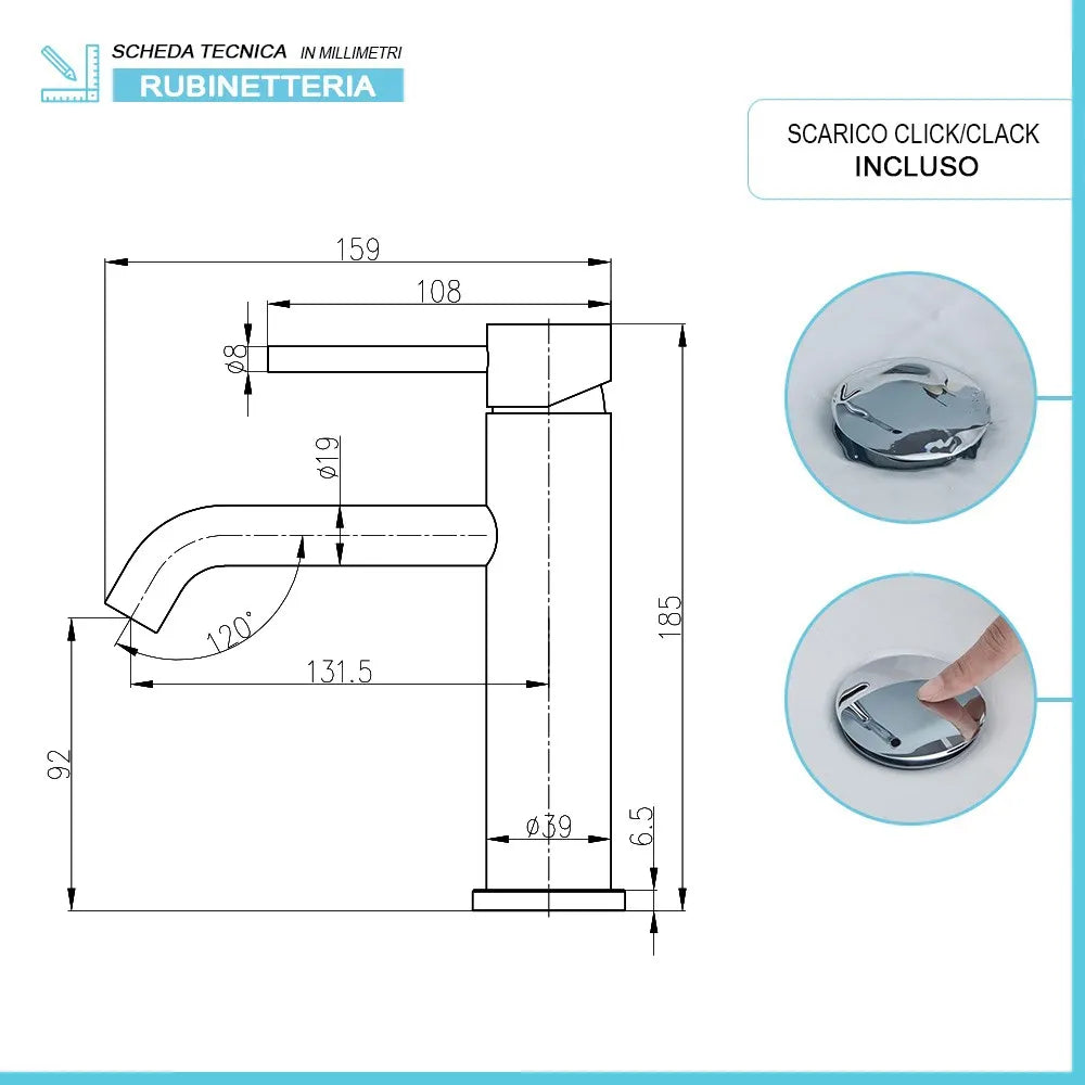 Rubinetto lavabo in acciaio inox con scarico click clack Nuego