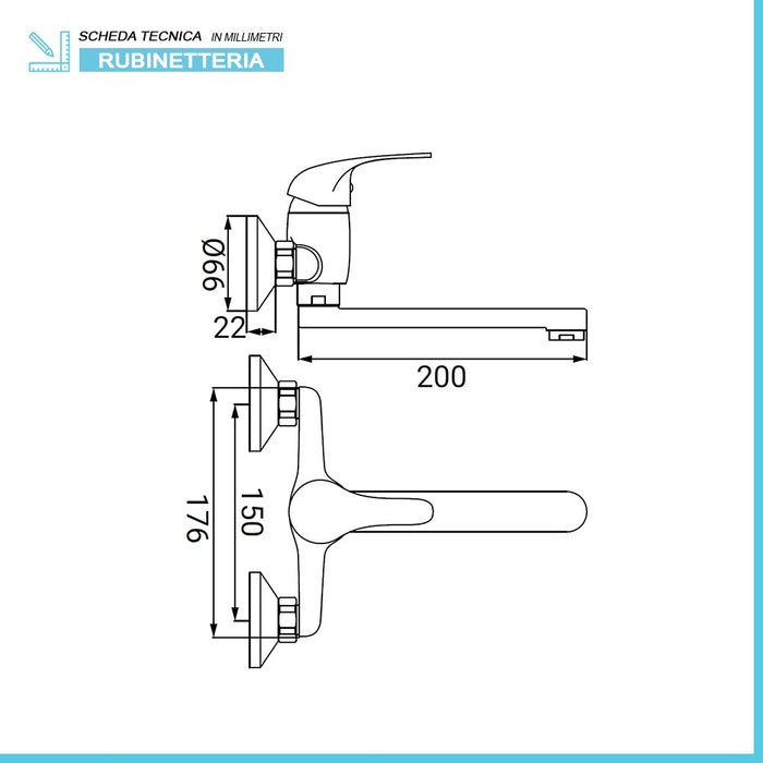 Rubinetto lavello a muro cromato a canna dritta