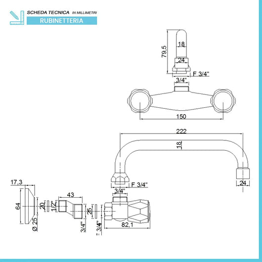 Rubinetto lavello a parete a snodo cromato per cucina e lavanderia