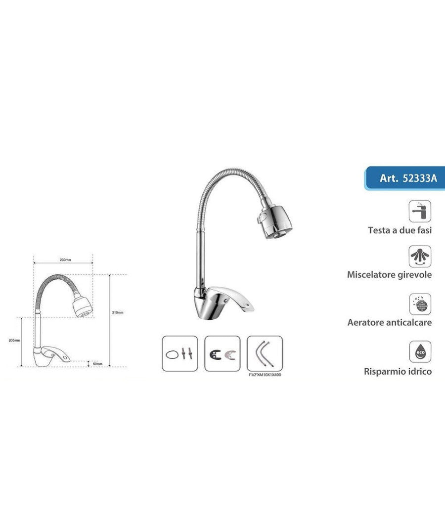 Rubinetto Miscelatore A Canna Alta Flessibile Doccetta Modello Napoli 52333a         
