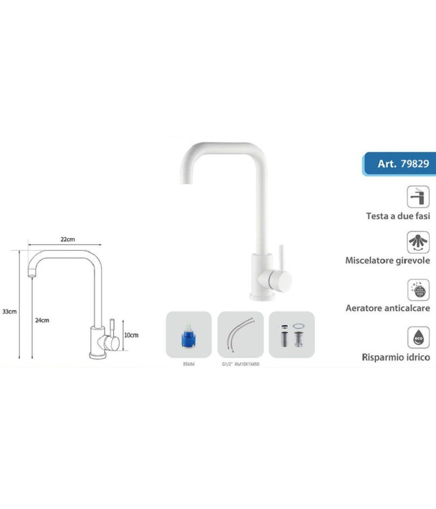 Rubinetto Miscelatore Bianco Per Lavello Da Cucina Satinato A Foro Singolo 79829         