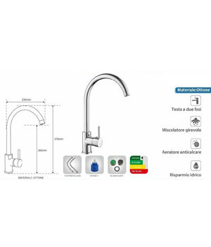 Rubinetto Miscelatore Per Lavello Da Cucina Materiale Ottone Cromato Verona         