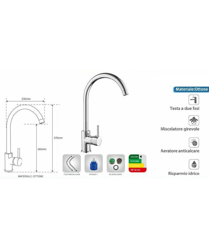 Rubinetto Miscelatore Per Lavello Da Cucina Materiale Ottone Cromato Verona         