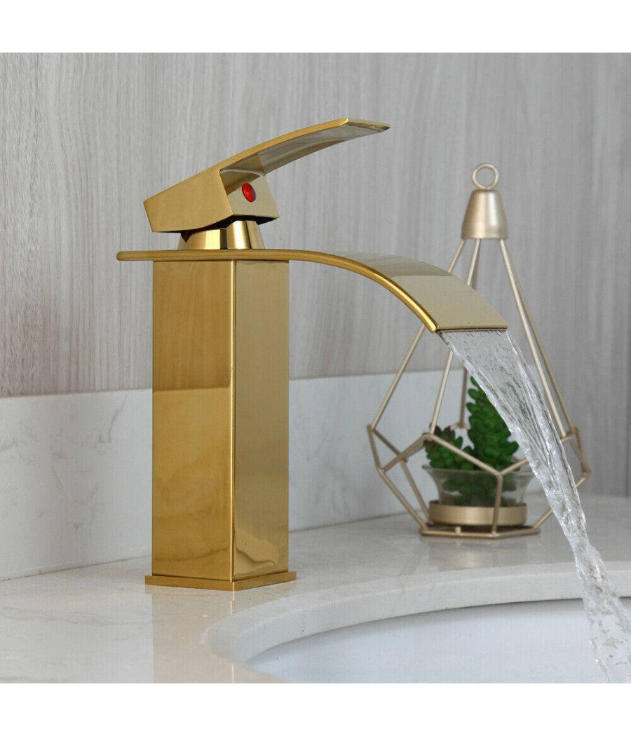 Rubinetto Oro Da Bagno Design Moderno A Cascata Miscelatore Monocomando Dorato         