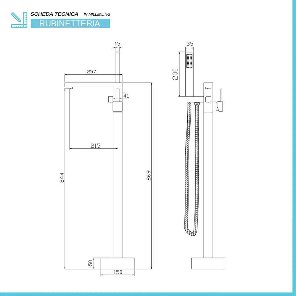 Rubinetto vasca a pavimento freestanding squadrato cromato