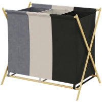 Cesto Portabiancheria Pieghevole a 3 Scomparti, in Bambù e Tessuto Effetto Lino, 75x48x67 cm, Multicolore