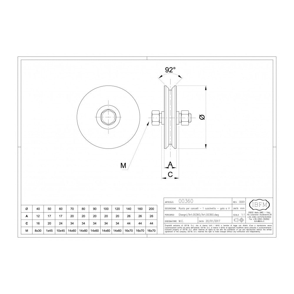 Ruota da 50mm in acciaio zincato per cancelli con 1 cuscinetto a sfera e gola a v