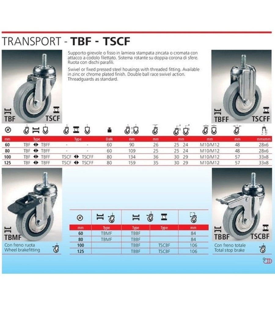 Ruota Girevole Grigia Con Perno E Freno Tbbf Per Carrello Carico Pesante Portata         