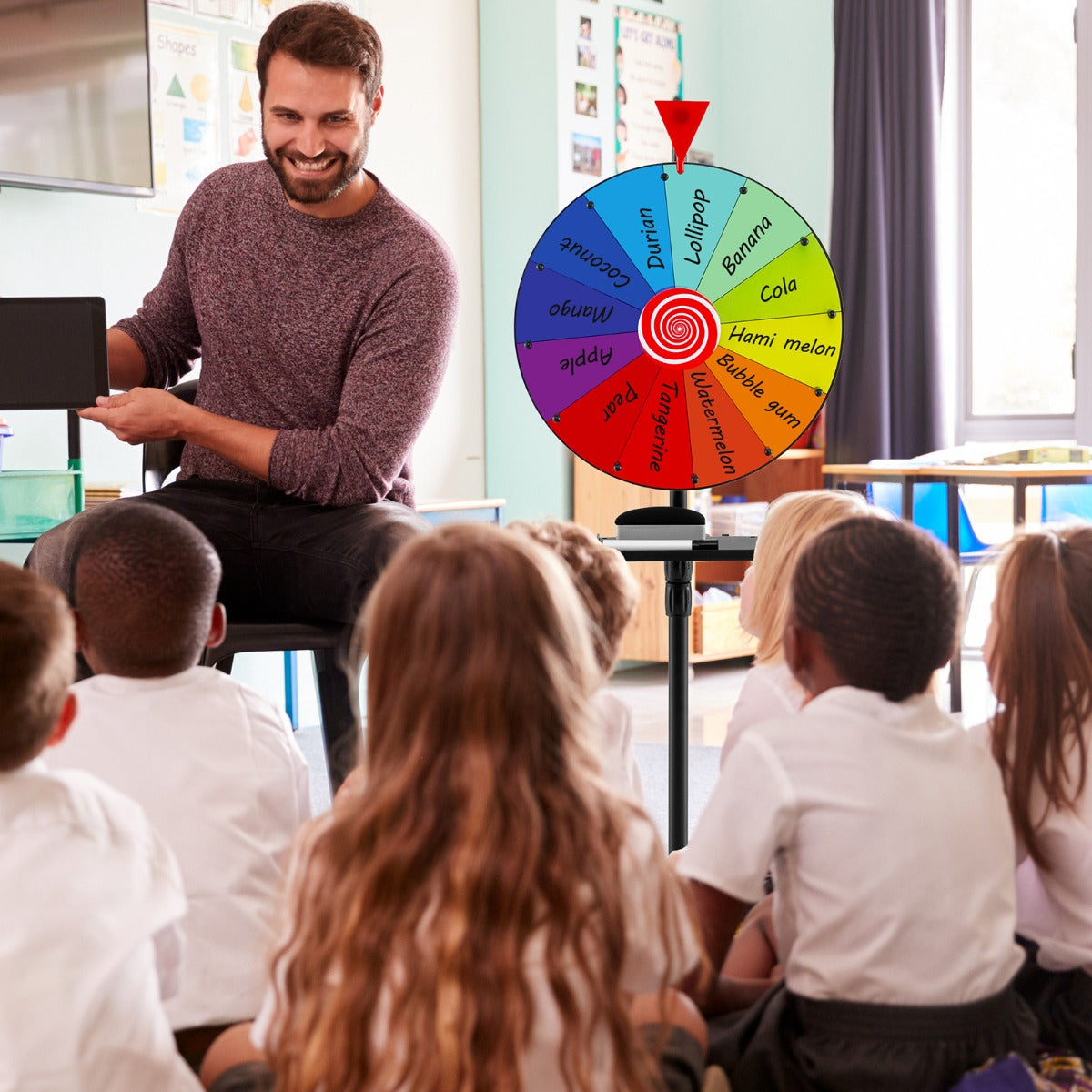 Ruota premio da 40cm con supporto tripode pieghevole, Ruota girevole con altezza regolabile vassoio e 12 slot per festa-Stanza dei giochi