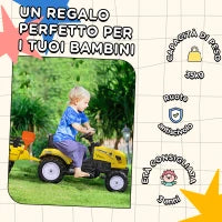 Trattore a Pedali per Bambini da 3+ Anni con Rimorchio, Rastrello, Pala e Clacson, Giallo
