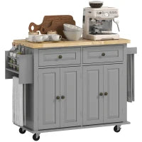 Carrello da Cucina con 2 Cassetti e 2 Armadietti, Piano in Legno, Portaspezie e Porta Canovacci, Grigio