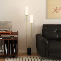 Lampada da Terra a U con 2 Luci, Interruttore a Pedale e Base in Marmo, 26x12x150 cm, Bianco Nero e Oro