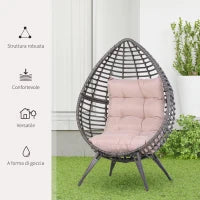 Poltrona da Esterno in Rattan a Goccia Stile Boho con Cuscino, 101x89x156cm Grigio e Beige