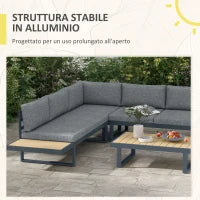 Set da Giardino 4 Pezzi in Alluminio con 2 Divanetti, Poltrona Angolare e Tavolino da Caffè, Grigio e Teak
