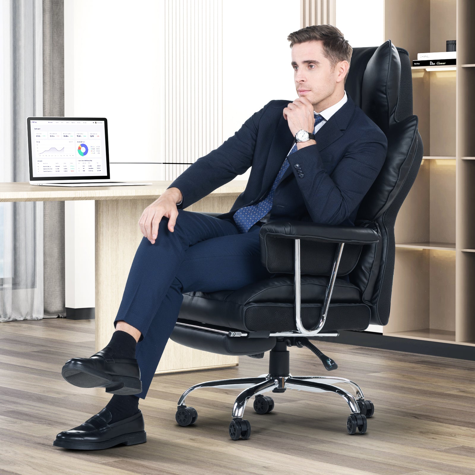 Sedia da Ufficio - RATTANTREE - Poltrona presidenziale - Sedia Girevole con Schienale Alto in Pelle, con Poggiatesta, Bracciolo e Poggiapiedi Retrattile - Nero