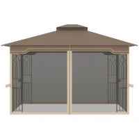 Gazebo da Giardino con Zanzariera, Doppio Tetto e Struttura Metallo, 3.7x3m Marrone e Beige