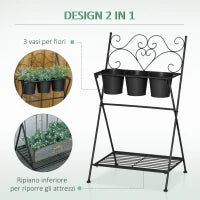 Portapiante in Metallo Pieghevole con 3 Vasi e Ripiano Inferiore per Casa e Giardino, 47x37x78.5cm, Nero