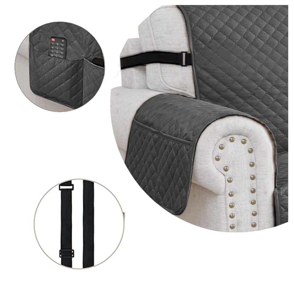 Copridivano Impermeabile Tasche Laterali Proteggi Divano Antimacchia Antiscivolo 3 Posti Antracite