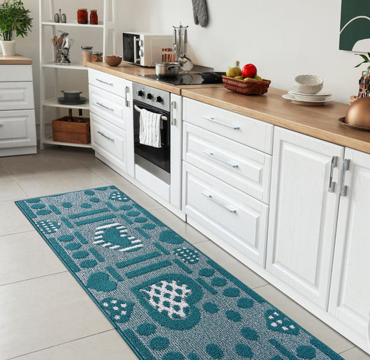 Tappeto Cucina Antiscivolo Cuori 3D Lavabile Moderno Assorbente Blu 57x130 cm