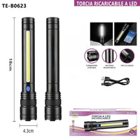 TORCIA RICARICABILE LED LATERALE COB USB POTENTE BATTERIA PORTATILE TE-B0623