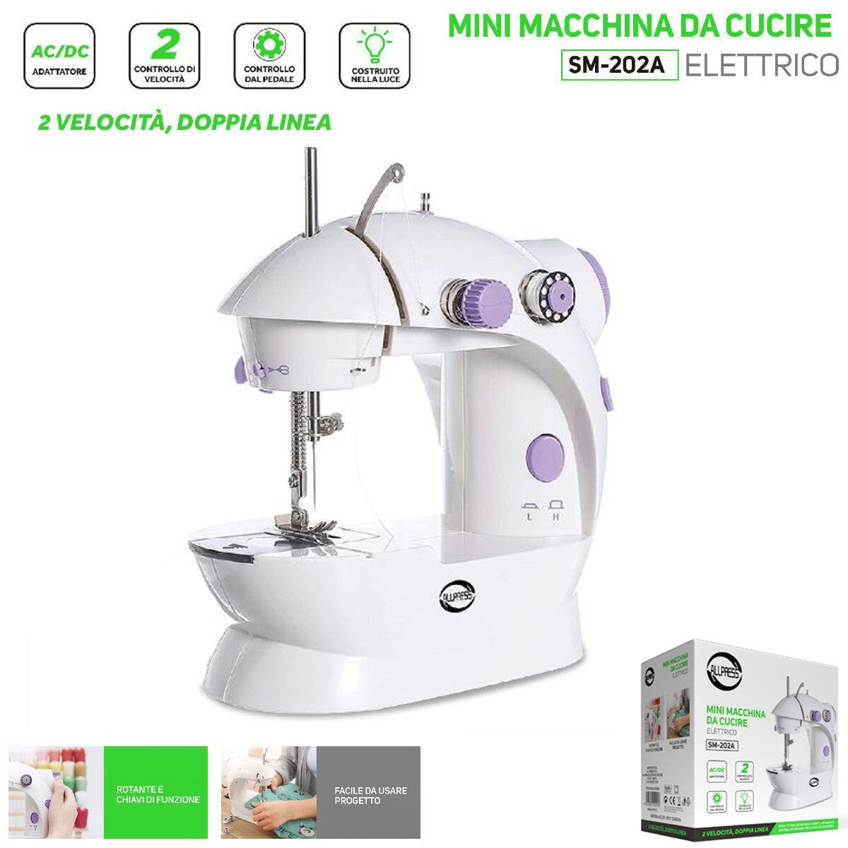 MINI MACCHINA DA CUCIRE 4 IN 1 PER CUCIRE PORTATILE CUCITO FILO SARTA SM-202A