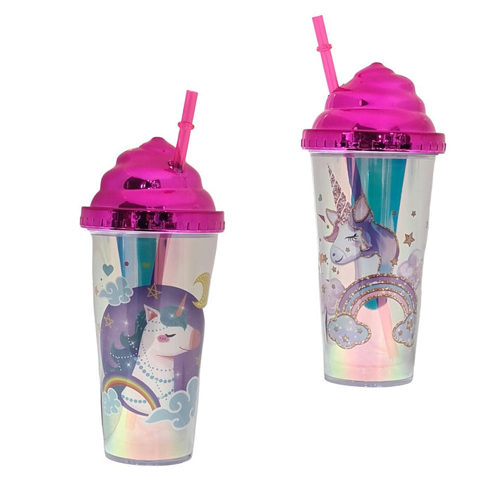 TAZZA BICCHIERE IN PLASTICA CON CANUCCIA DA 380ML BAMBINA UNICORNO ACQUA ROSA
