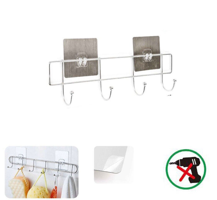 PORTA ASCIUGAMANI CON 4 GANCI BAGNO PARETE SALVIETTE GANCIO CASA ADESIVO 03482