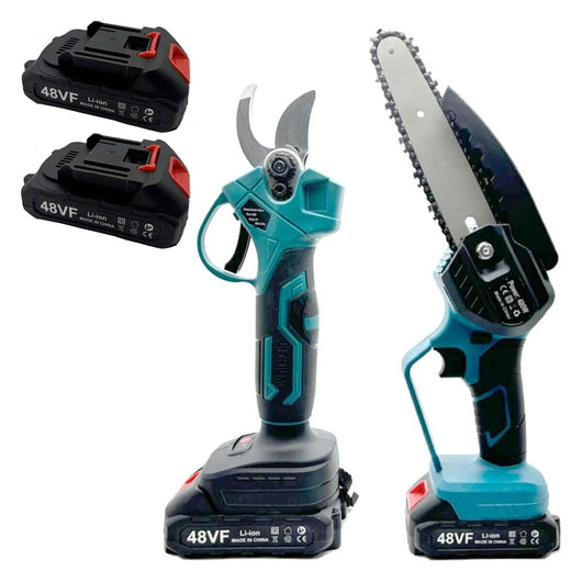 KIT 2 FORBICE A BATTERIA DA POTATURA E MOTOSEGA 6" VALIGIA CESOIA 48V 2 BATTERIE