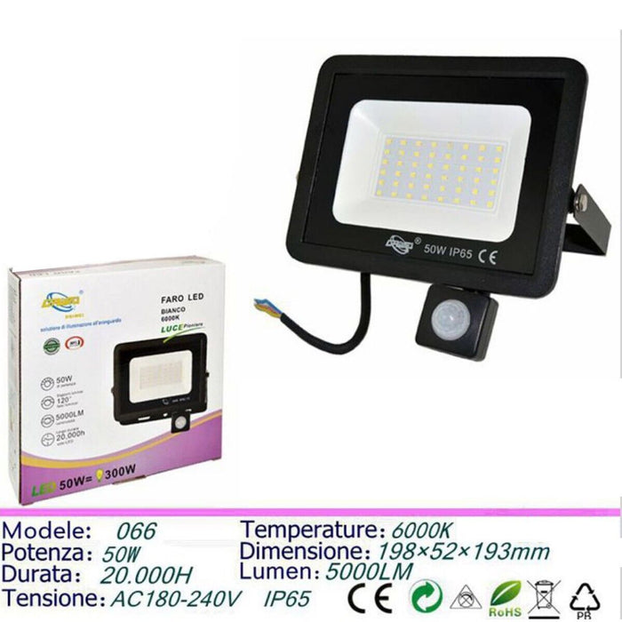 FARO LED FARETTO GIARDINO 50W LUCE FREDDA SENSORE MOVIMENTO CREPUSCOLARE