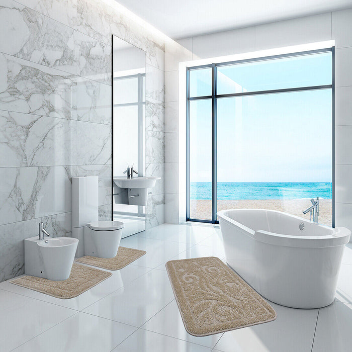 Tappeto Bagno Damascato Parure Beige Morbido Soffice Assorbente Antiscivolo Lavabile