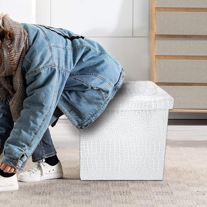 Cassapanca Contenitore Pouf Panca Poggiapiedi Similpelle Pelle Finta Coccodrillo 38x38x38 cm Bianca