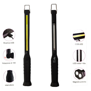 TORCIA LED PORTATILE LAVORO RICARICABILE MAGNETE GANCIO EMERGENZA ROSSO BLU COB