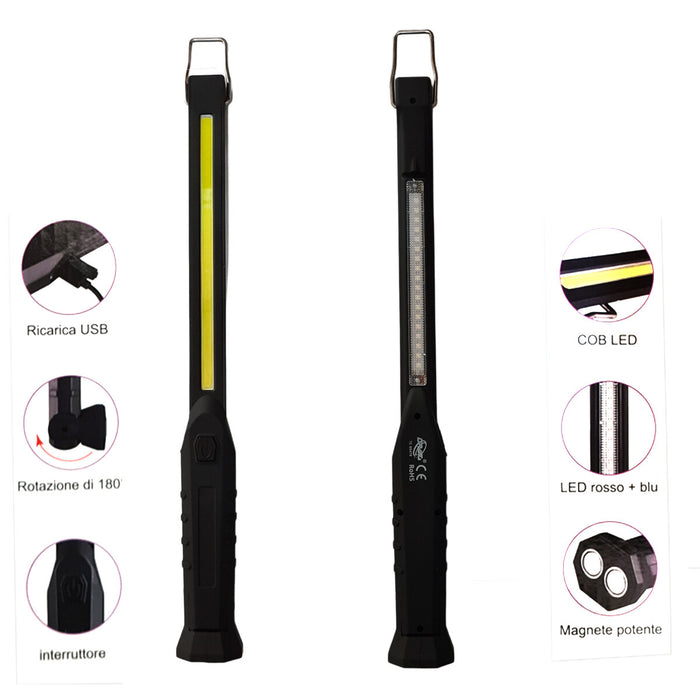 TORCIA LED PORTATILE LAVORO RICARICABILE MAGNETE GANCIO EMERGENZA ROSSO BLU COB