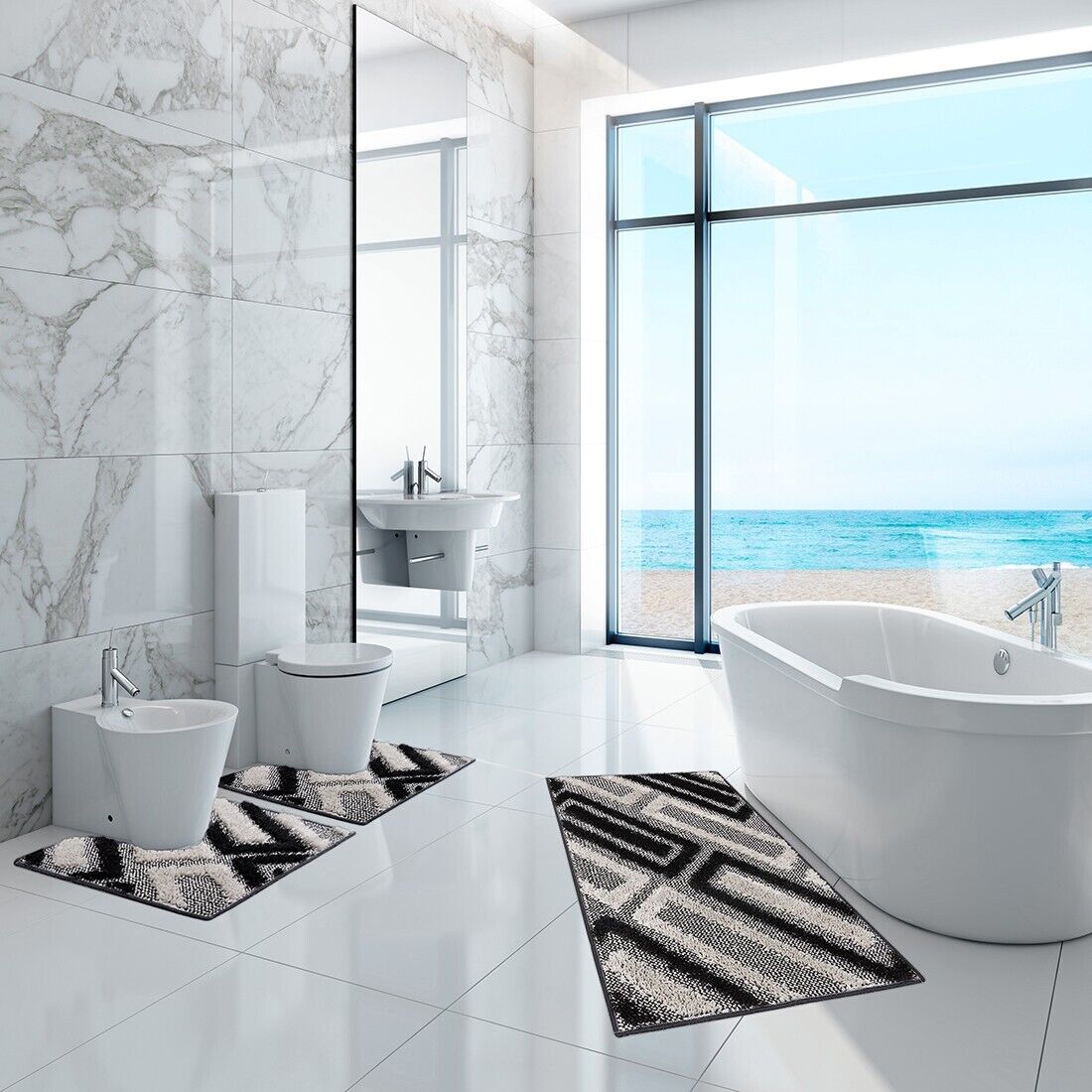 Tappeto Bagno Moderno Parure Set 3 Pezzi Soffice Shaggy Assorbente Antiscivolo Lavabile Nero