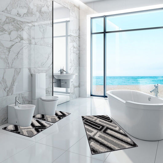 Tappeto Bagno Moderno Parure Set 3 Pezzi Soffice Shaggy Assorbente Antiscivolo Lavabile Nero