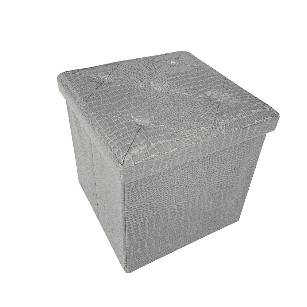 Cassapanca Contenitore Pouf Panca Poggiapiedi Similpelle Pelle Finta Coccodrillo 38x38x38 cm Grigia