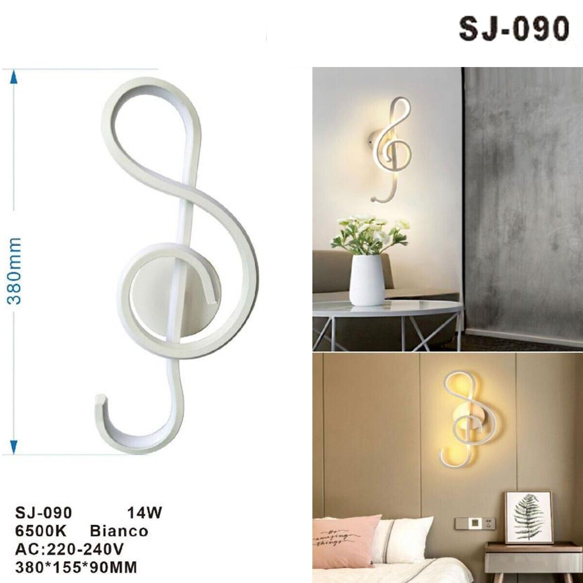 APPLIQUE LAMPADA INTERNO MODERNA PARETE MURO NOTE MUSICALI 14W LUCE NATURALE 90
