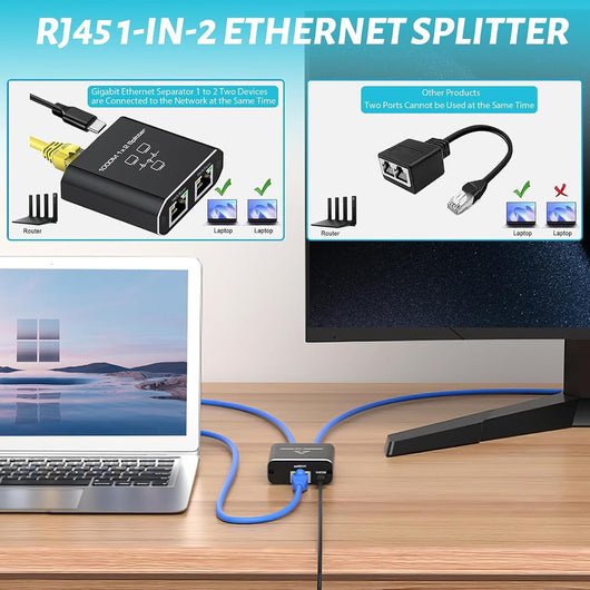SPLITTER ETHERNET 1000MBPS RJ45 1X2 HUB RETE LAN GIGABIT COMPATIBILE CAT6 CAT7