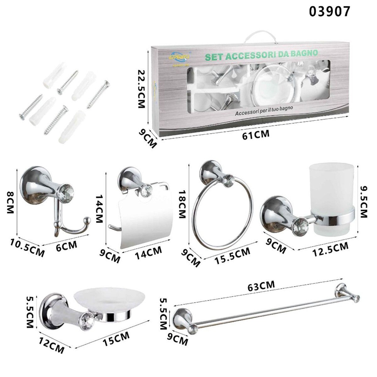 KIT COMPLETO 6 ACCESSORI BAGNO ASTA SAPONE WC GANCIO PORTA ASCIUGAMANO 03907