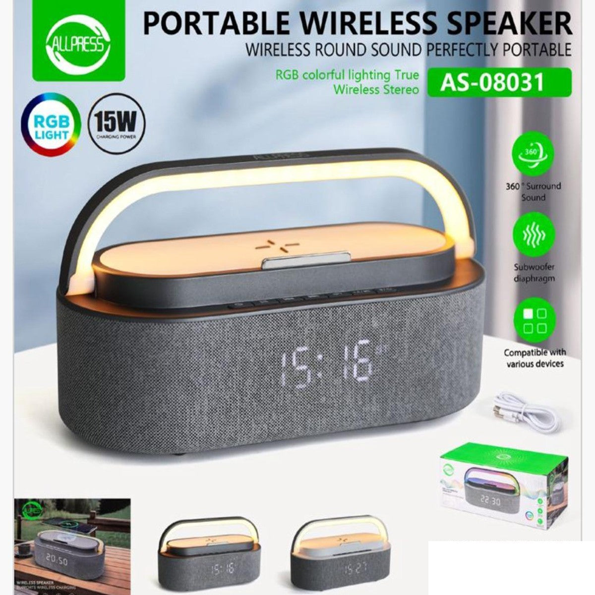 SPEAKER LAMPADA DA TAVOLO RICARICA WIRELESS PORTATILE LUCE RGB LED 15W OROLOGIO