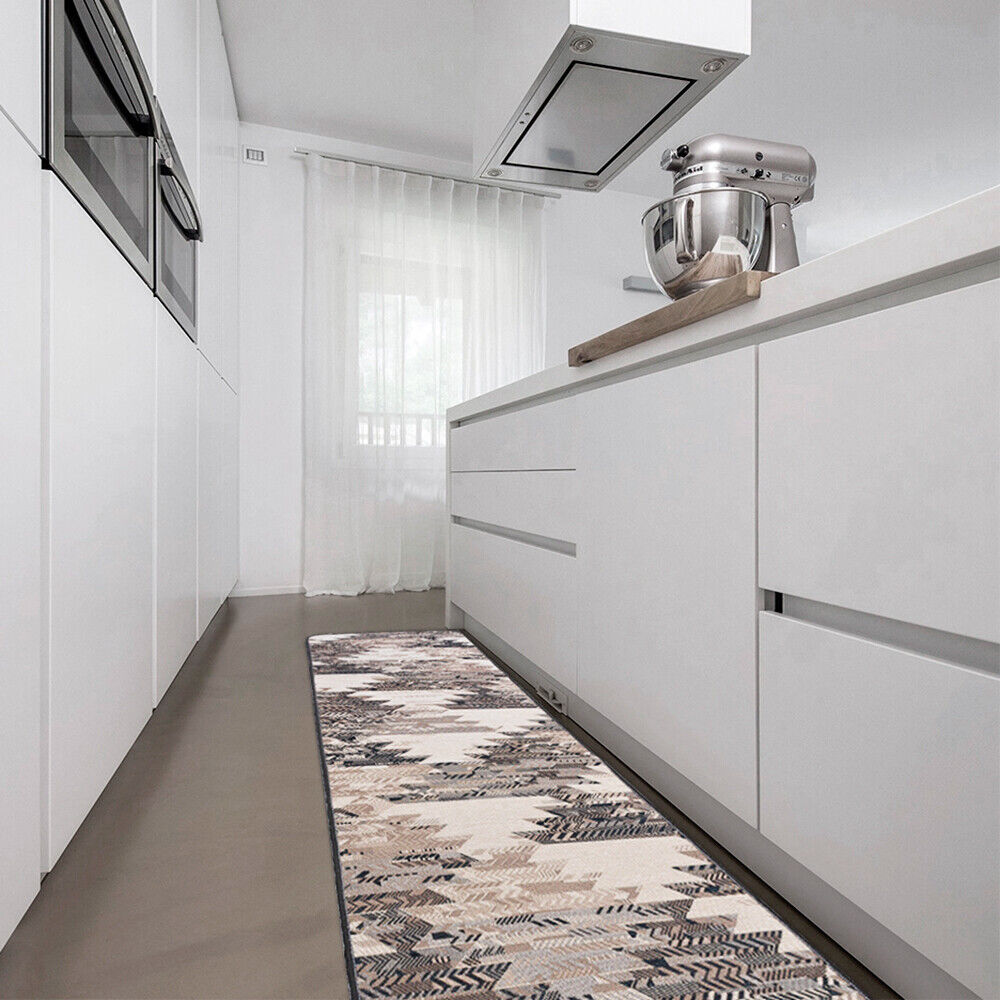 Tappeto Cucina Etnico 54x110 Cm Moderno Passatoia Antiscivolo Tessuto Gobelin Lavabile Grigio