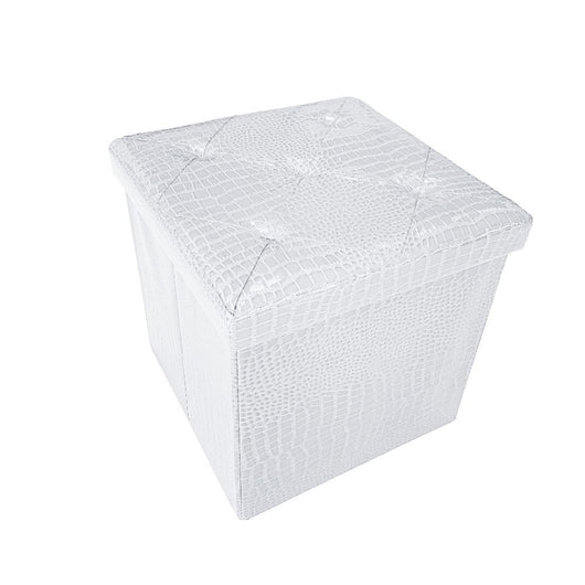 Cassapanca Contenitore Pouf Panca Poggiapiedi Similpelle Pelle Finta Coccodrillo 38x38x38 cm Bianca