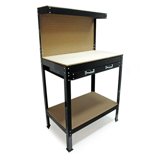 Banco da lavoro da officina piano di lavoro da 140 cm parete forata ripiano cassetto nero 16_0000515
