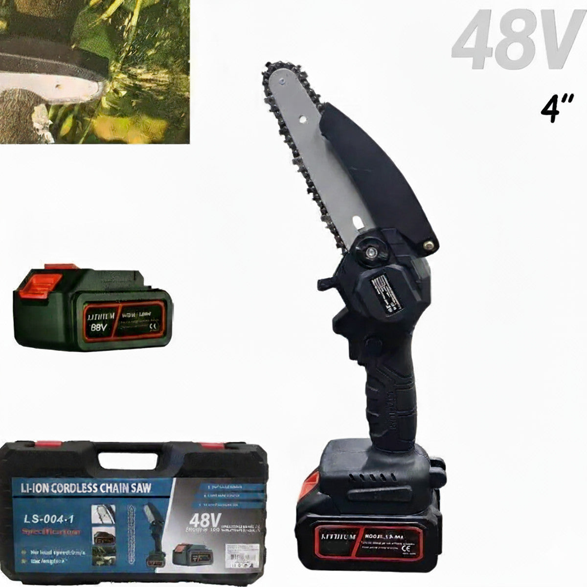 MINI SEGA ELETTRICA A BATTERIA 48V MOTOSEGA 4" CATENA POTATURA RAMI 2 BATTERIE