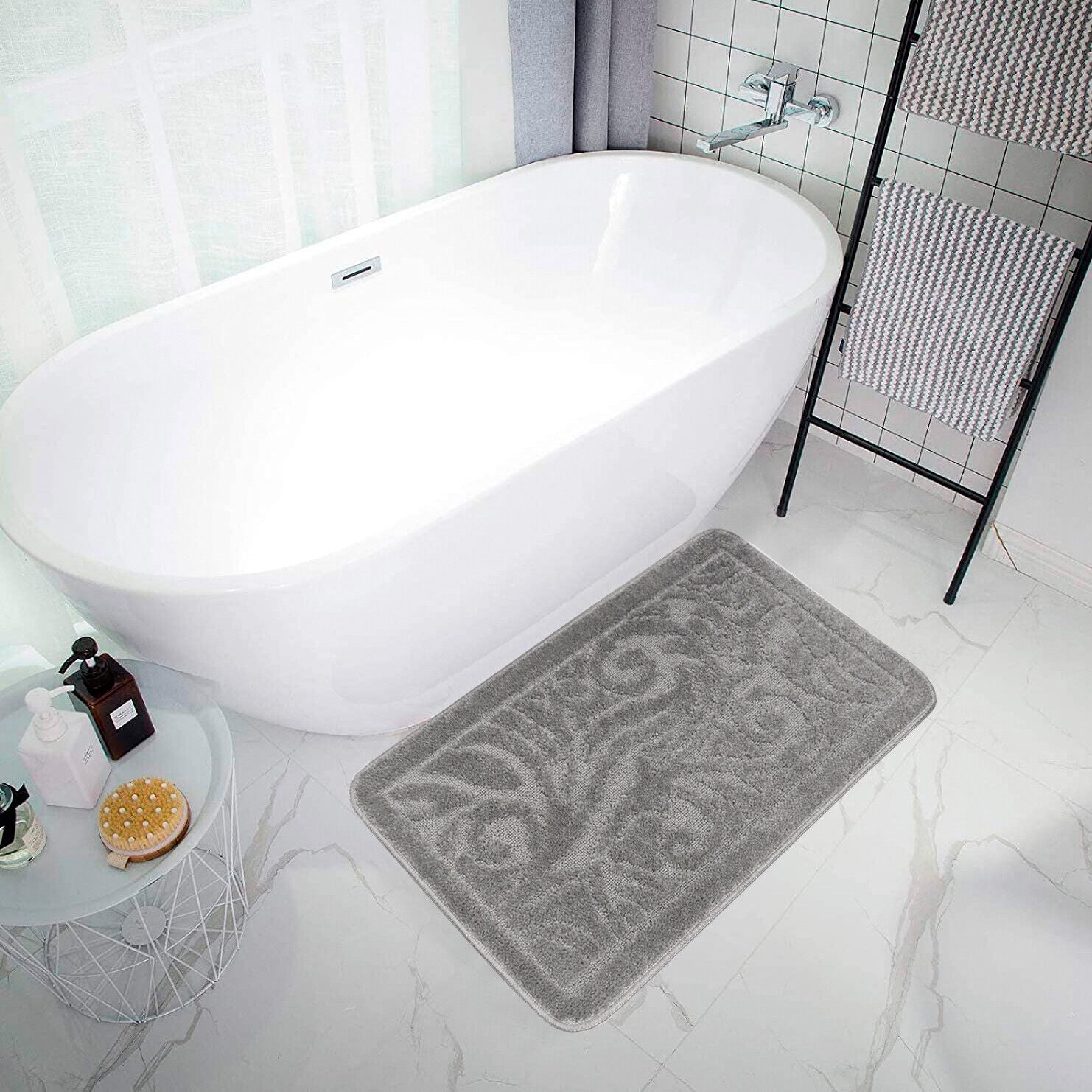 Tappeto Bagno Damascato Scendiletto Camera 50x80 Cm Morbido Assorbente Antiscivolo Grigio