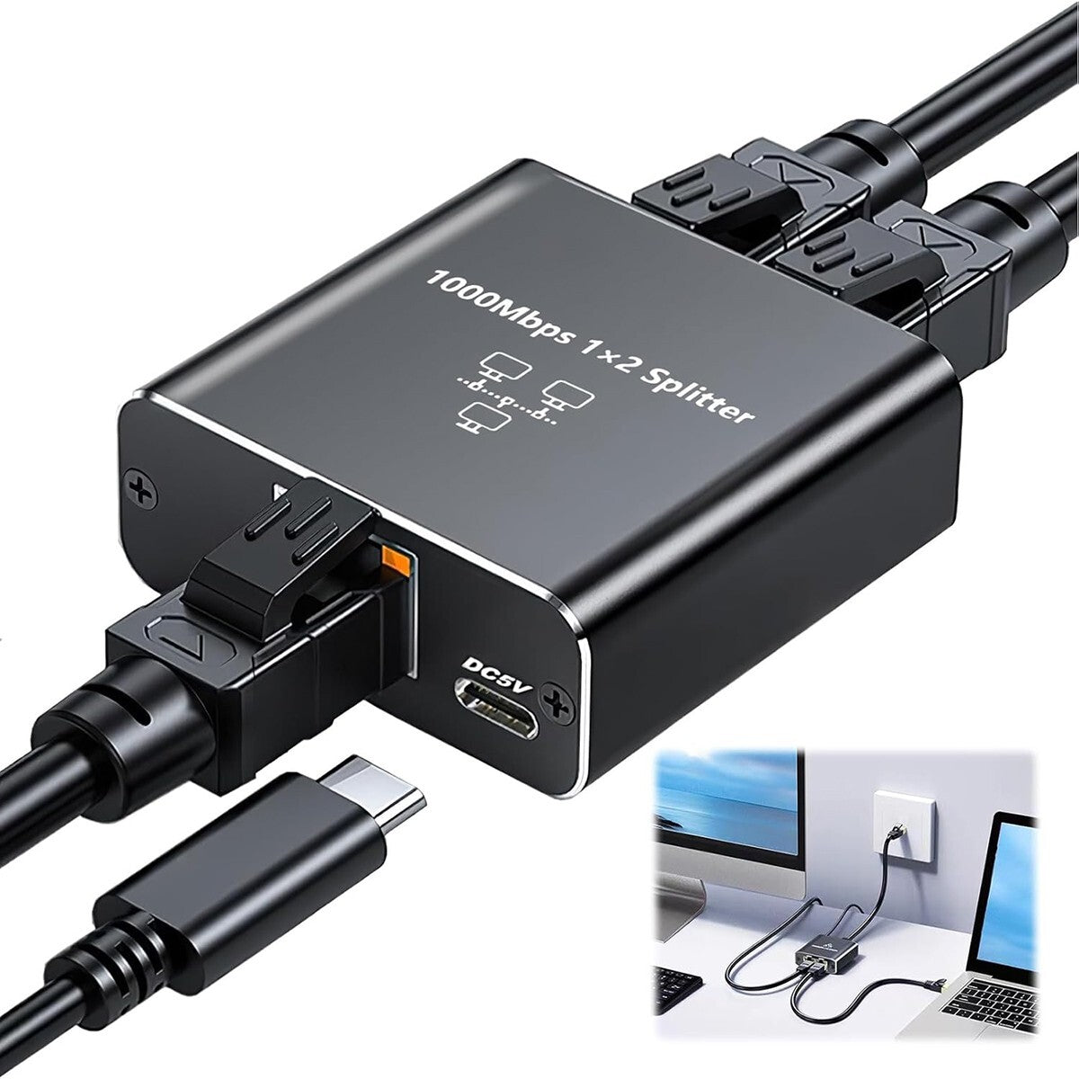 SPLITTER ETHERNET 1000MBPS RJ45 1X2 HUB RETE LAN GIGABIT COMPATIBILE CAT6 CAT7