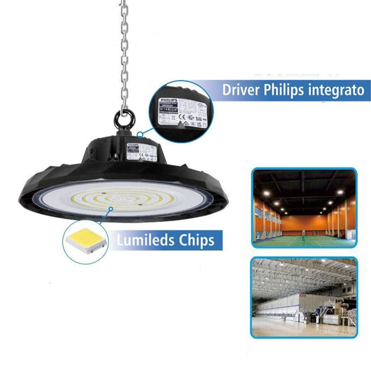 FARO INDUSTRIALE DRIVER LED PHILIPS UFO 200W LAMPADA SOSPENSIONE LUCE 6500k