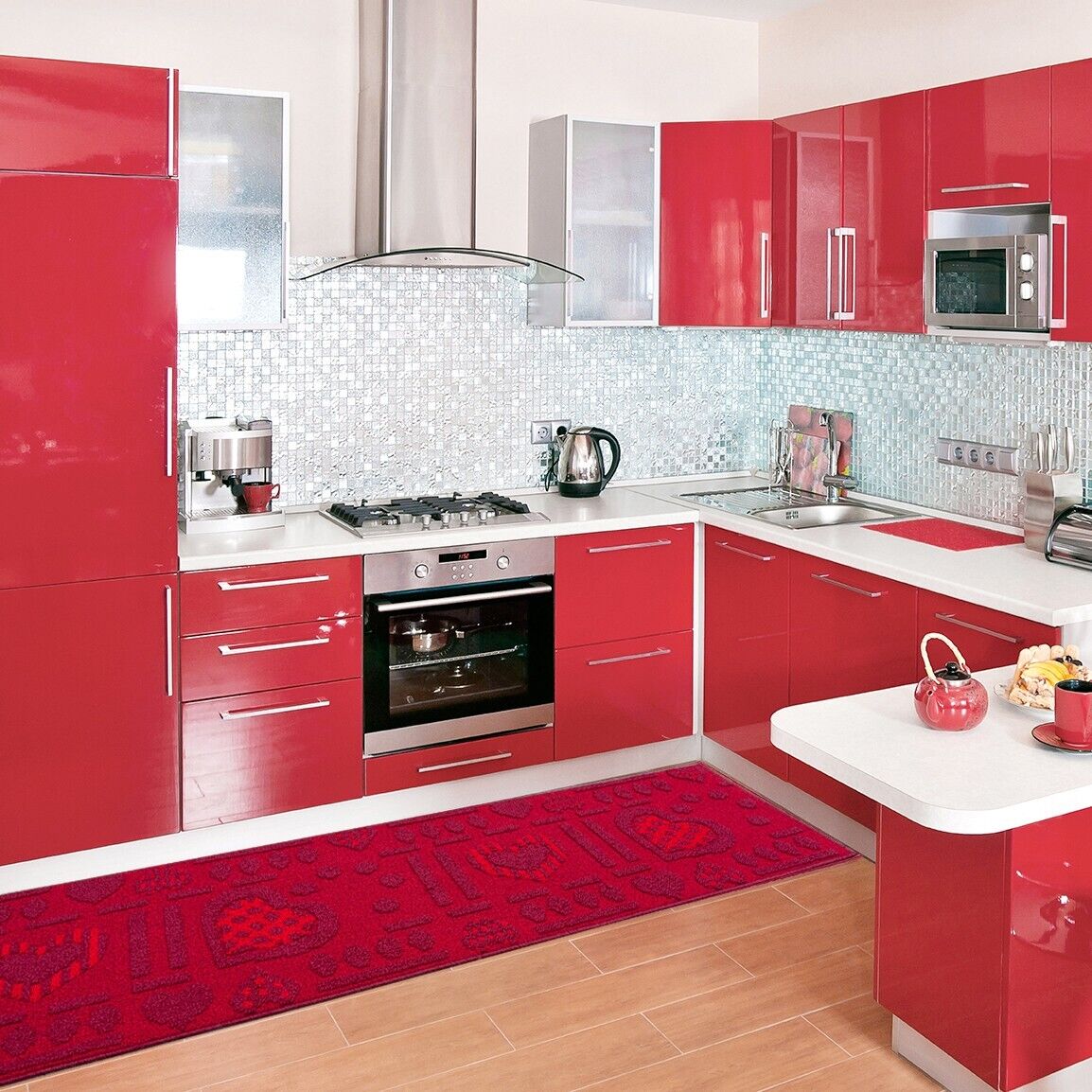 Tappeto Cucina Antiscivolo Cuori Lavabile Moderno Assorbente Bordeaux 57x40 cm