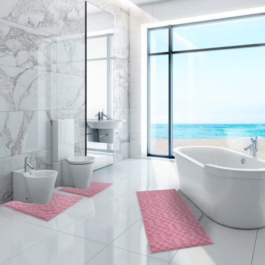 Tappeto Bagno 3D Morbido Assorbente Antiscivolo Lavabile Scendiletto Camera Set 3 Pezzi Rosa