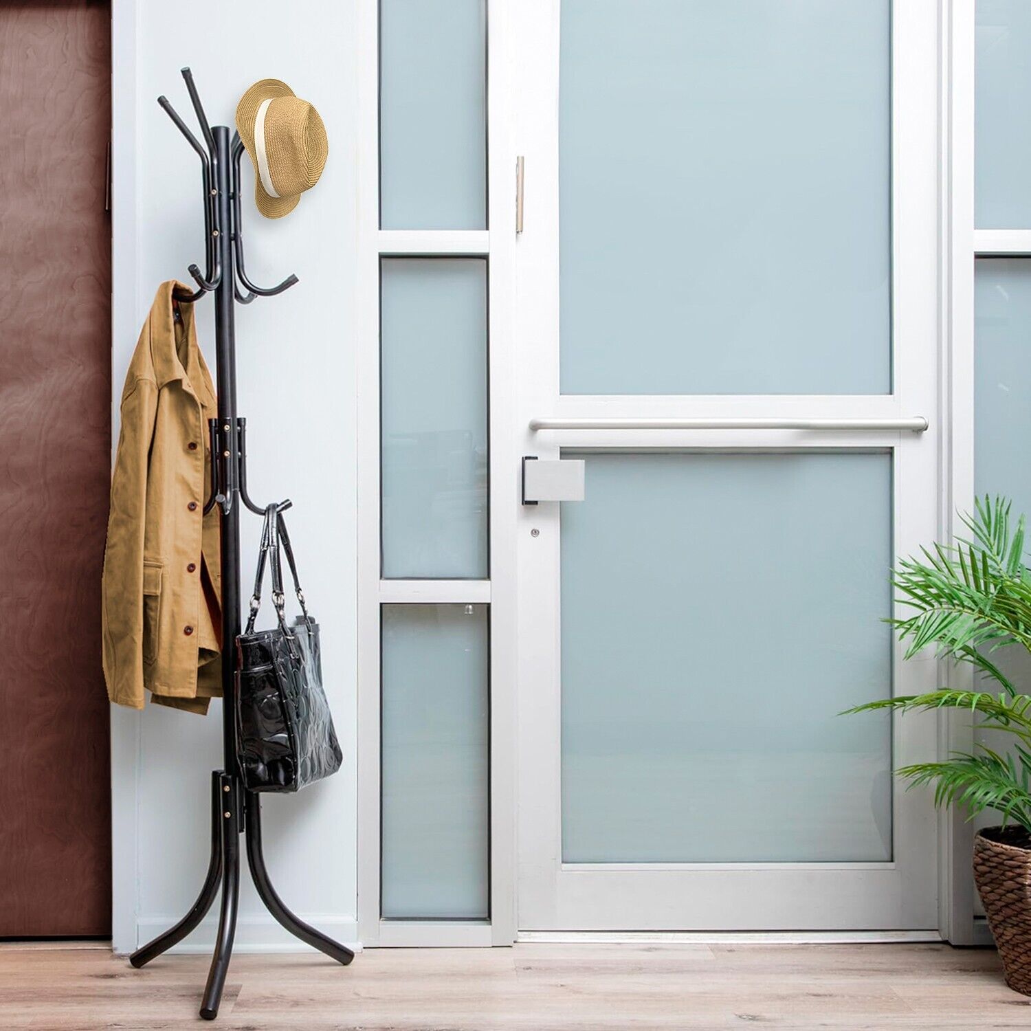 Appendiabiti Ingresso 12 Ganci Attaccapanni Nero Metallo Salvaspazio Da Terra Stand Piantana